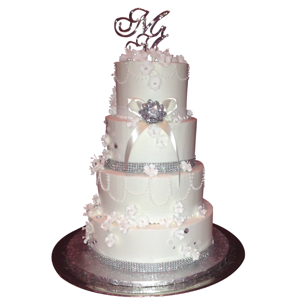 (1343) 4 Tier Wedding Cake with Diamonds, Flowers and Ribbon ABC Cake