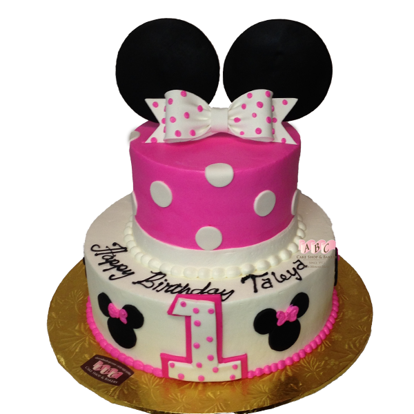 1744 2 Tier 1st Birthday Cake With Pink Minnie Mouse Ears Abc