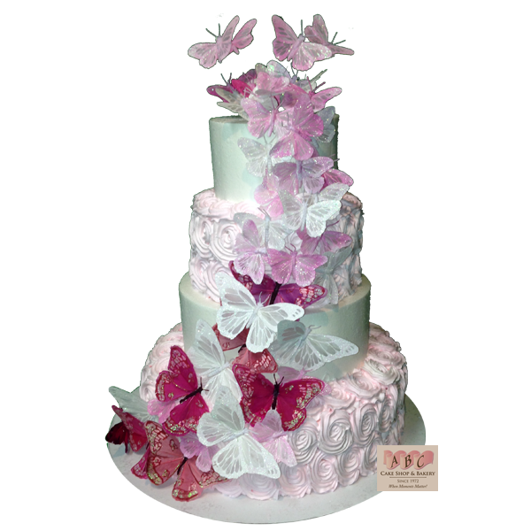 (1871) White & Pink Wedding Cake with Butterflies - ABC Cake Shop & Bakery