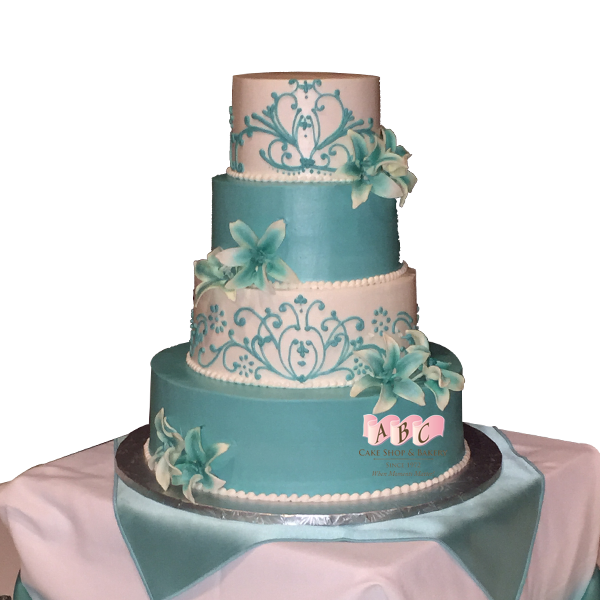2108) 4 Tier Aqua &amp; White wedding cake with lilies - ABC Cake Shop ...
