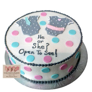 2181 Round He Or She Gender Reveal Baby Shower Cake Abc Cake Shop Bakery