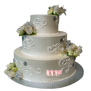 2222 3 Tier Round Wedding Cake With Roses Abc Cake Shop Bakery